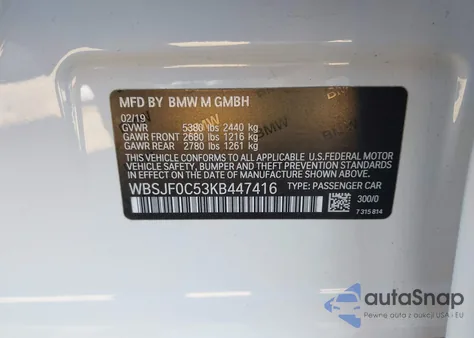 2019 BMW M5 Competition z USA, uszkodzony, nr VIN WBSJF0C53KB447416